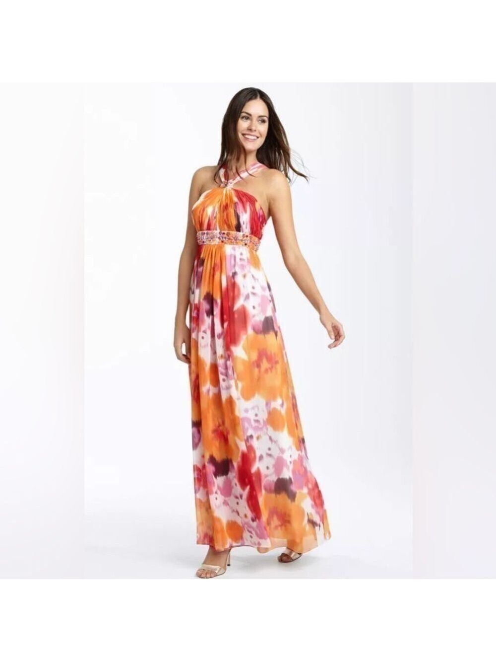 JS BOUTIQUE Women’s Beaded Chiffon Halter Gown Multi Size: 12